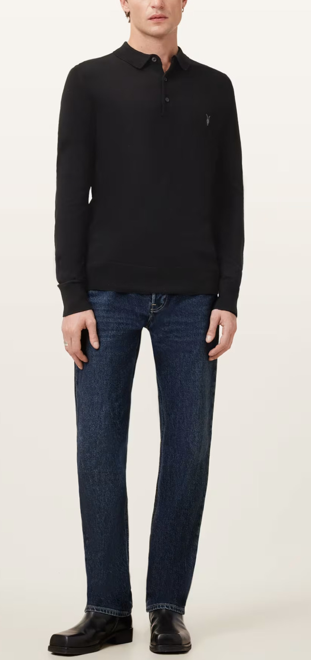 All Saints Mode Merino wool long sleeve Ramskull polo shirt Med Quiet Luxury